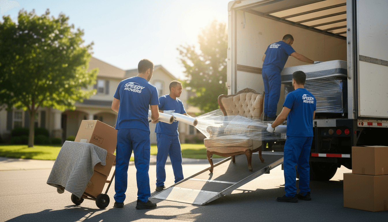 Professional movers carefully wrapping and loading household items into moving truck in bright natural light
