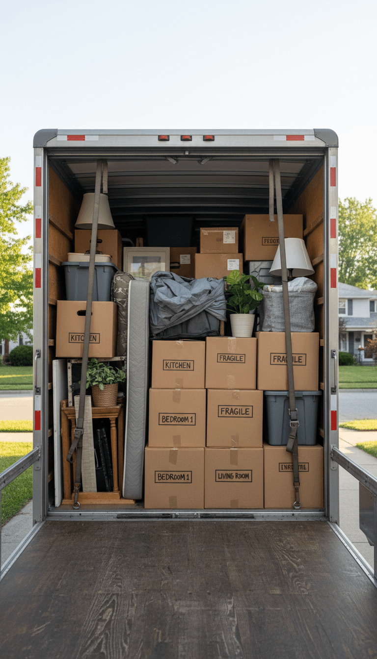 Packed moving truck with organized boxes and furniture