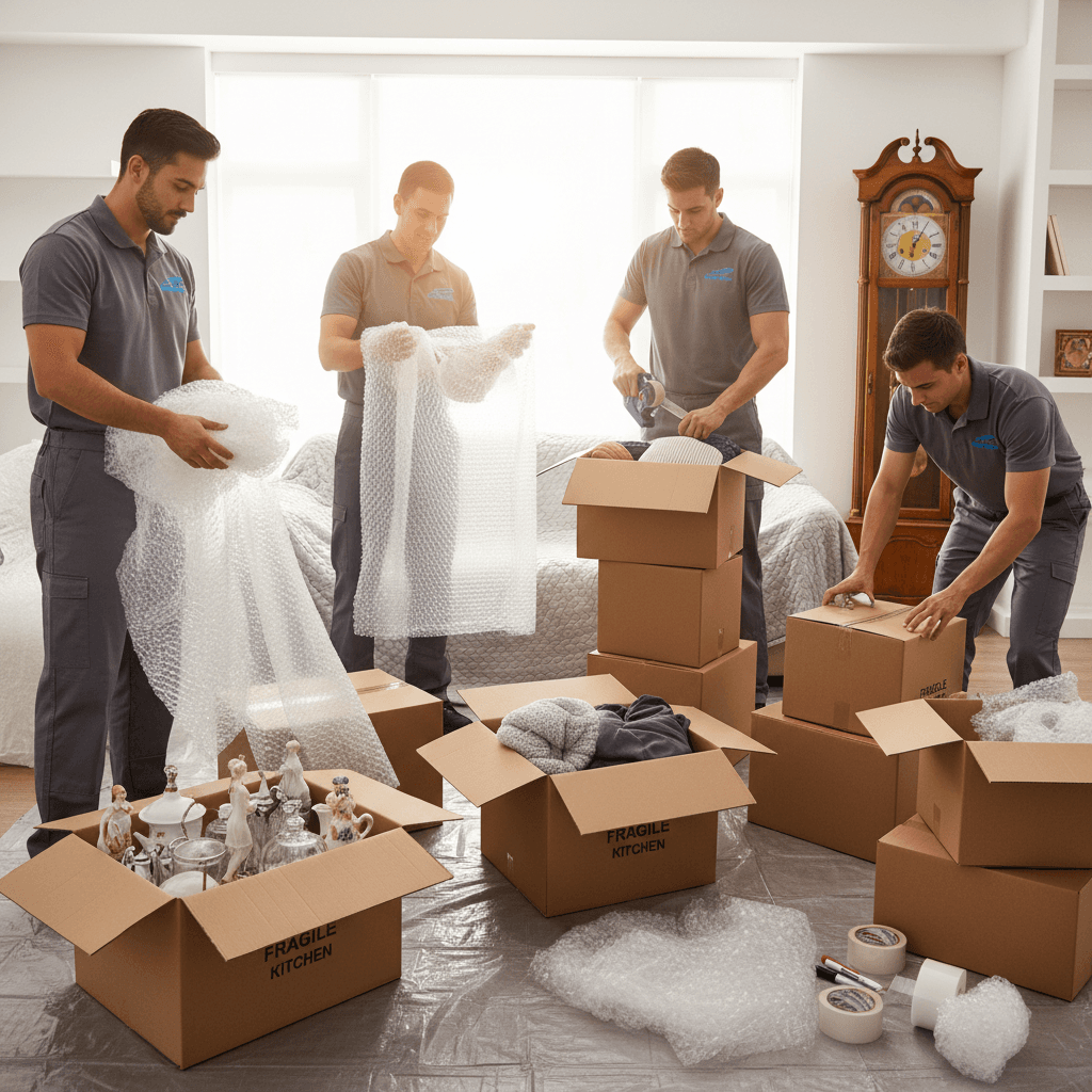 Professional moving team carefully packing household items into boxes with bubble wrap and protective materials