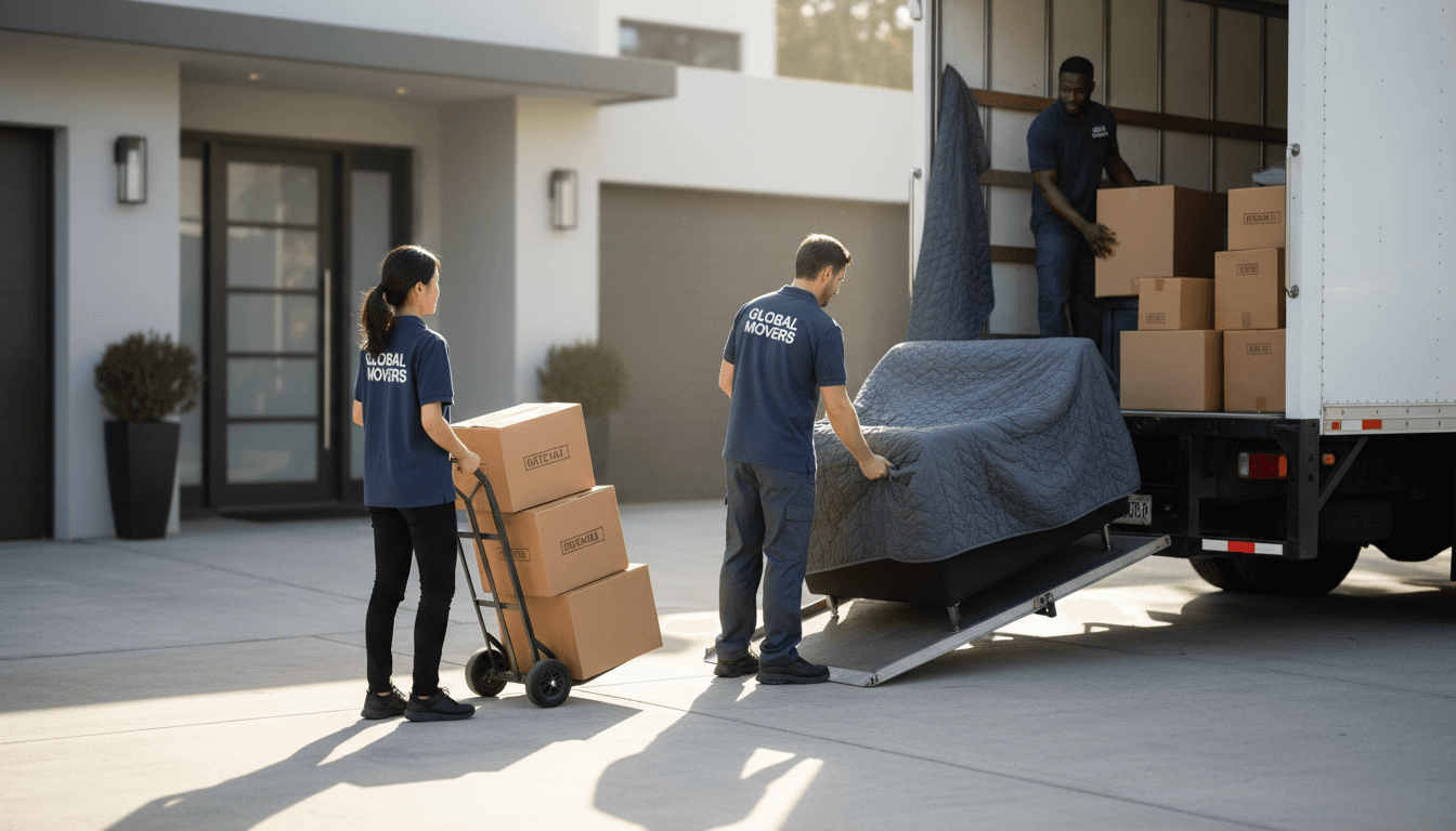 Professional movers loading boxes into moving truck